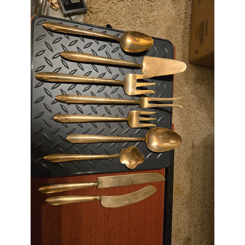 Vintage Bronze Brass Tone 9 Piece Serving Set Mid Century Flatware Utensils